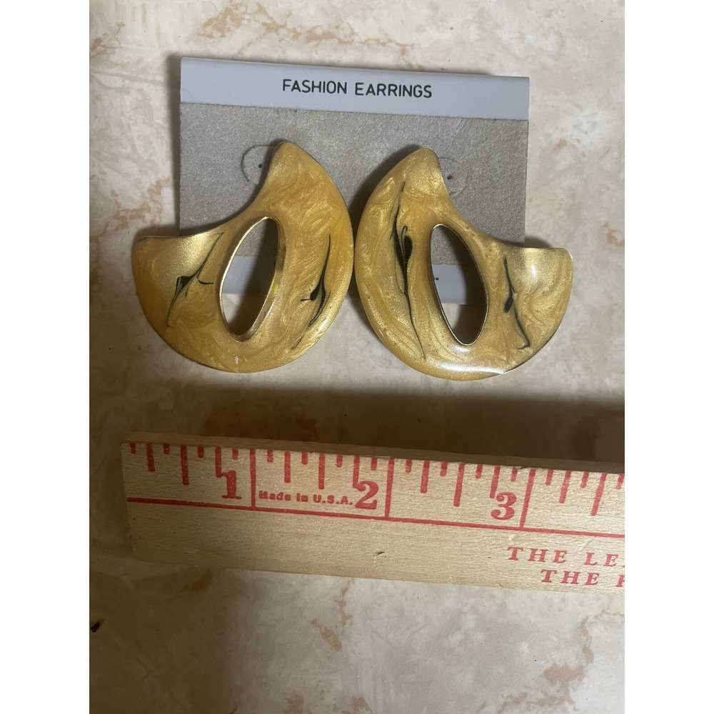 Big Bold Enameled Statement Earrings Gold And Black On Metal - Pierced